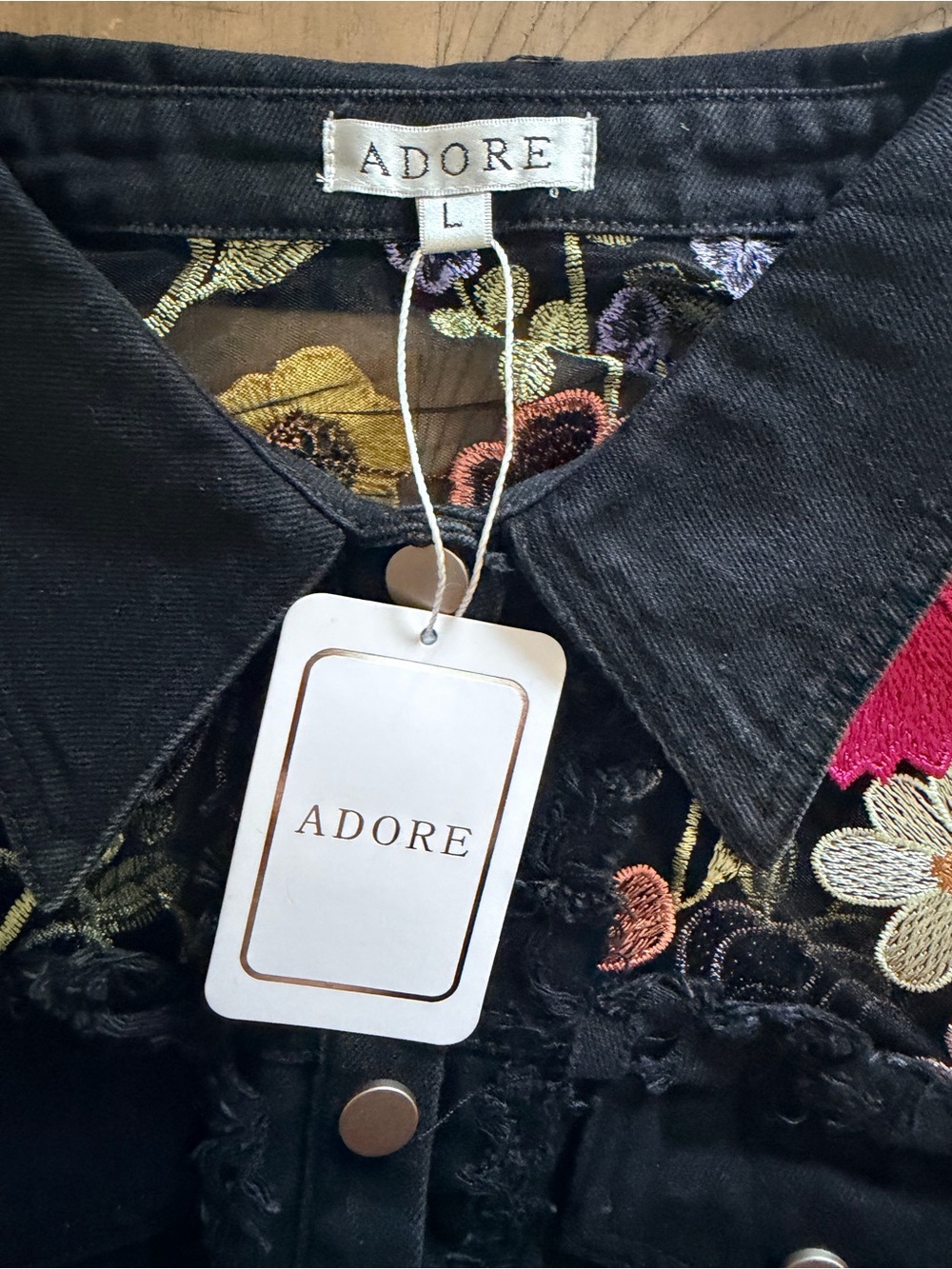 NWT Adore Large Black Floral Mesh Sleeve Denim Jacket Statement Piece NWT - Picture 9 of 13
